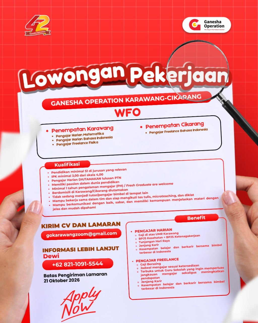 Pamflet Lowongan Kerja: Pengajar Harian dan Freelance (Matematika, Bahasa Indonesia, Fisika)