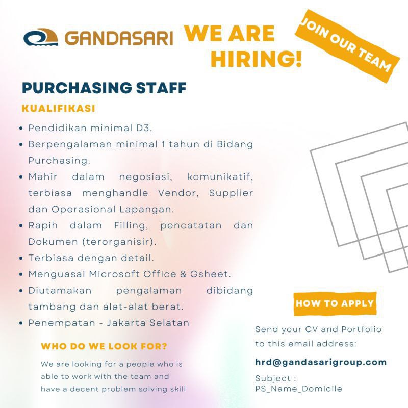 Lowongan Kerja Purchasing Staff Di Gandasari 2023 - Nugasin.com