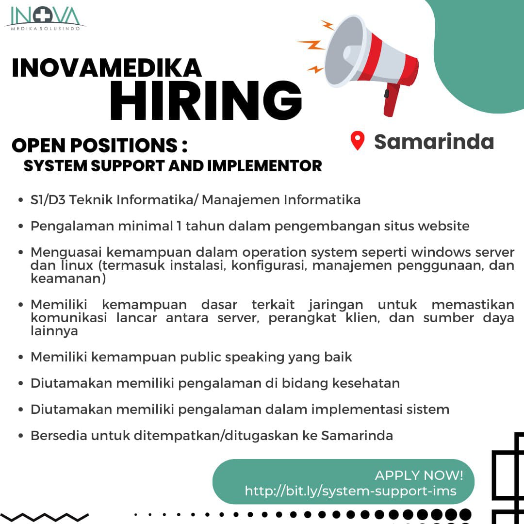 Lowongan Kerja System Support And Implementor Di Inova Medika Nugasin Com