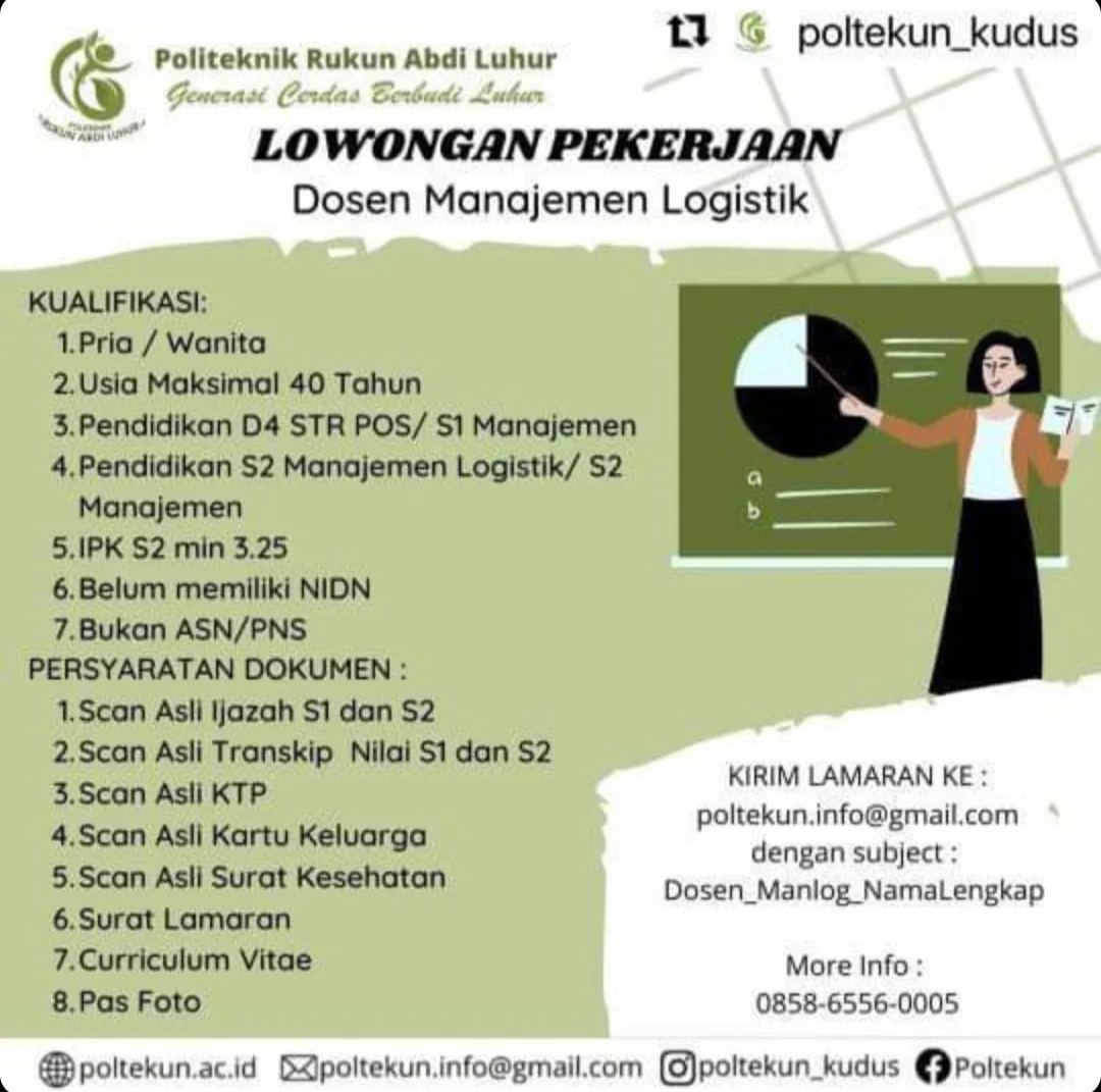 Lowongan Kerja Dosen Manajemen Logistik Di Politeknik Rukun Abdi Luhur ...