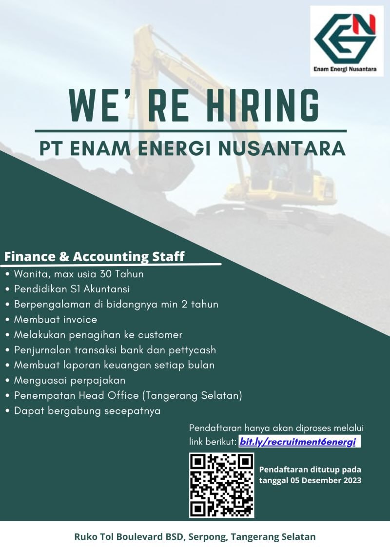 Lowongan Kerja Finance & Accounting Staff Di PT. Enam Energi' Nusantara ...