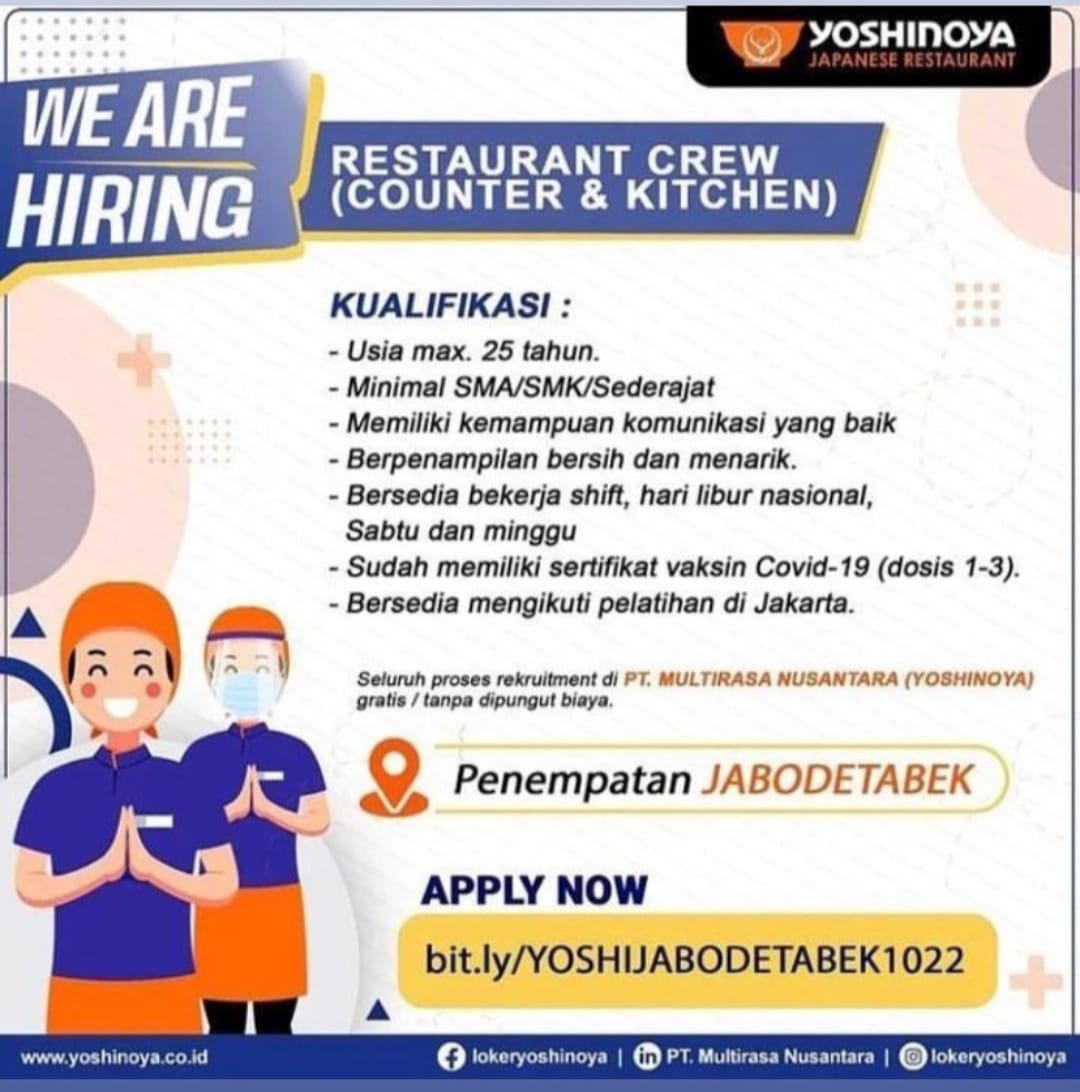 Lowongan Kerja Restaurant Crew ( Counter & Kitchen ) Di Yoshinoya ...