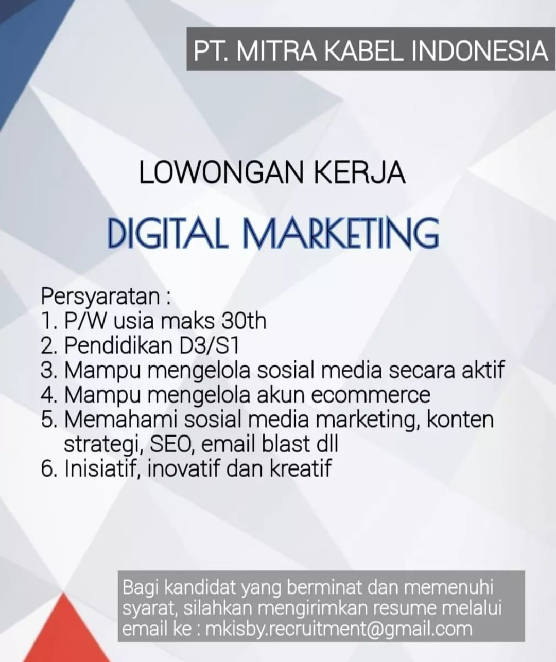 Lowongan Kerja Digital Marketing Di PT. Mitra Kabel Indonesia - Nugasin.com