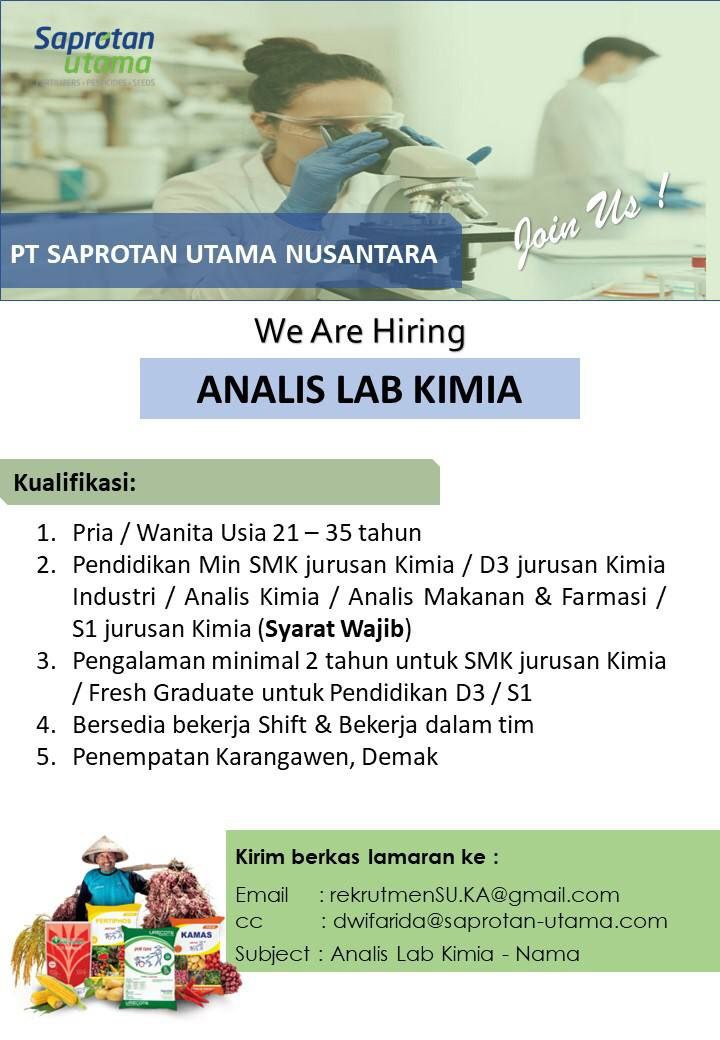 Lowongan Kerja Analis Lab Kimia Di Saprotan Utama Nusantara Nugasin Com