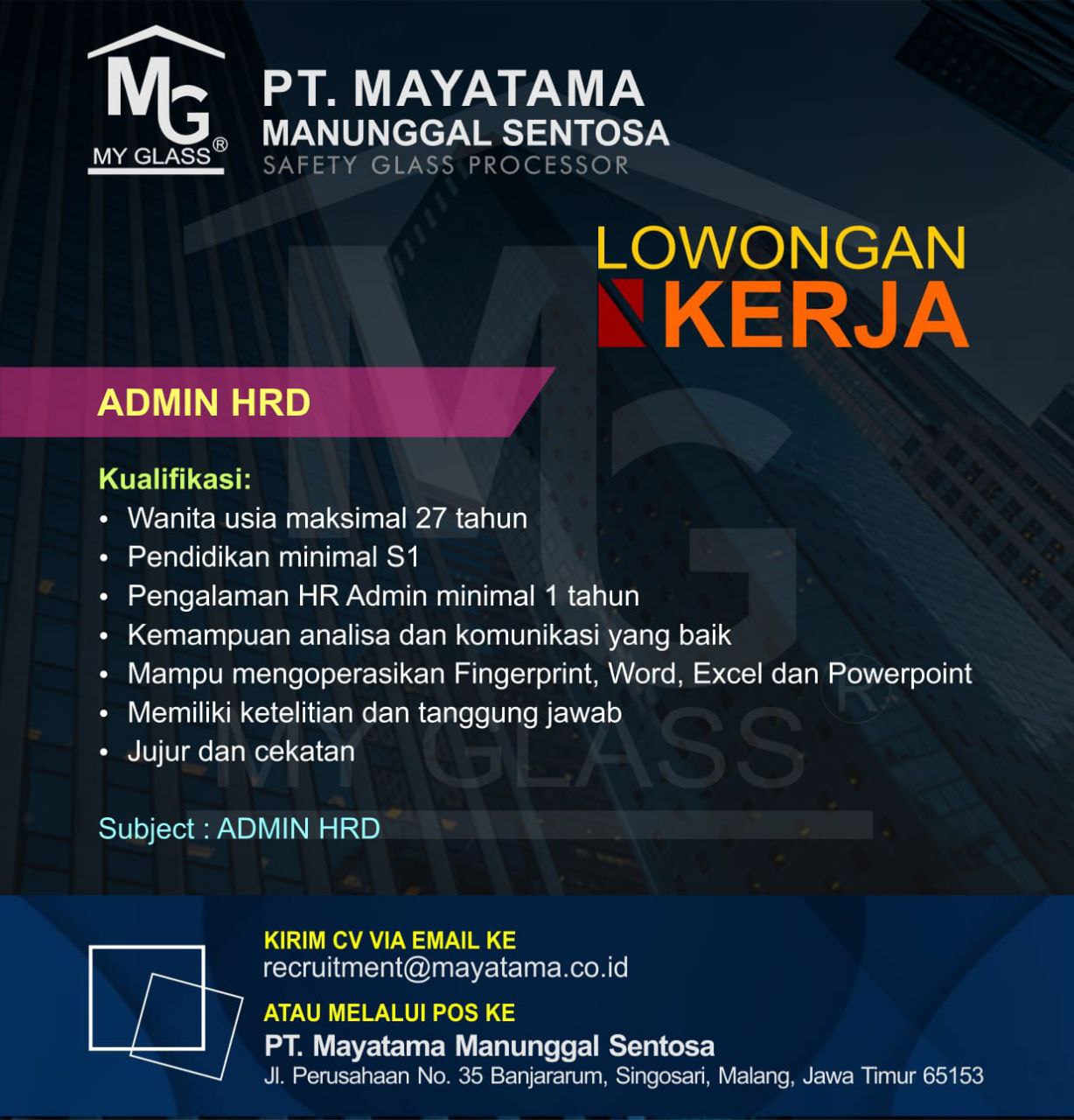 Lowongan Kerja Admin HRD Di PT. Mayatama 2023 - Nugasin.com