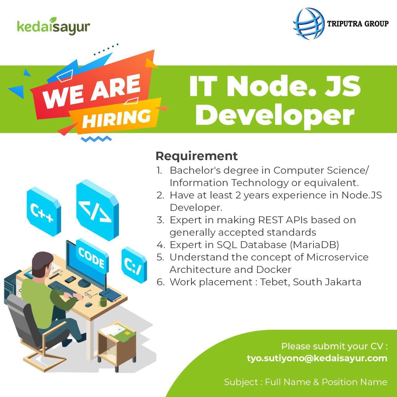 Lowongan Kerja IT Node.JS Developer Di PT. Kedaisayur - Nugasin.com