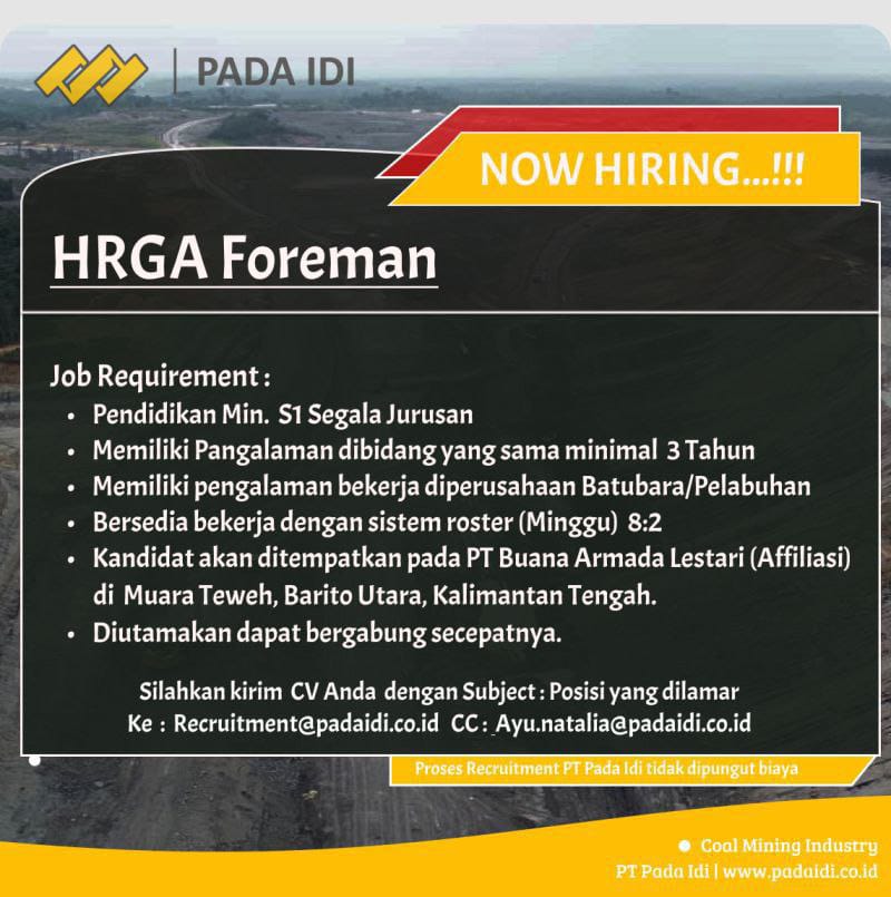 Lowongan Kerja HRGA Foreman Di PT. Pada Idi 2024 - Nugasin.com